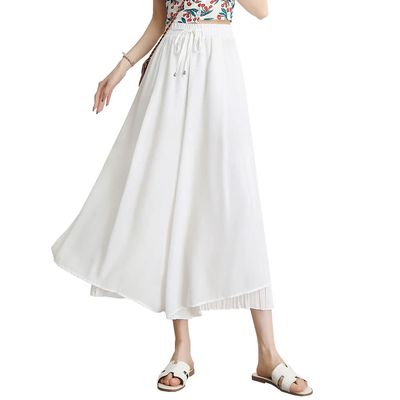 chouyatou Women's Chiffon Wide Leg Pants High Waist Pleated Culotte Palazzo Pants Side Slit (Small, White)