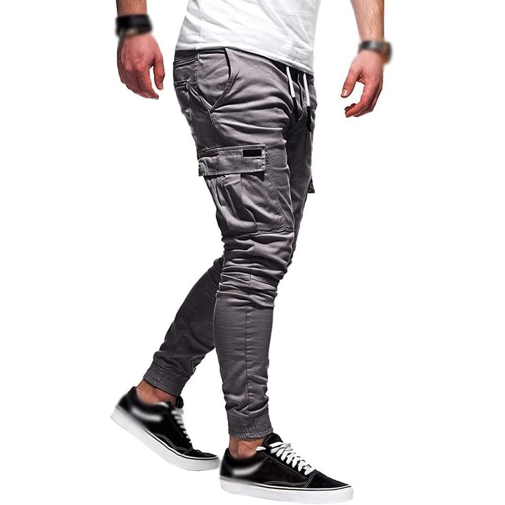 Men Joggers Chino Pants Drawstring Sports Athletic Workout Fitness Track Cargo Tapered Jogging Trousers (S, 8815-Dark Grey)