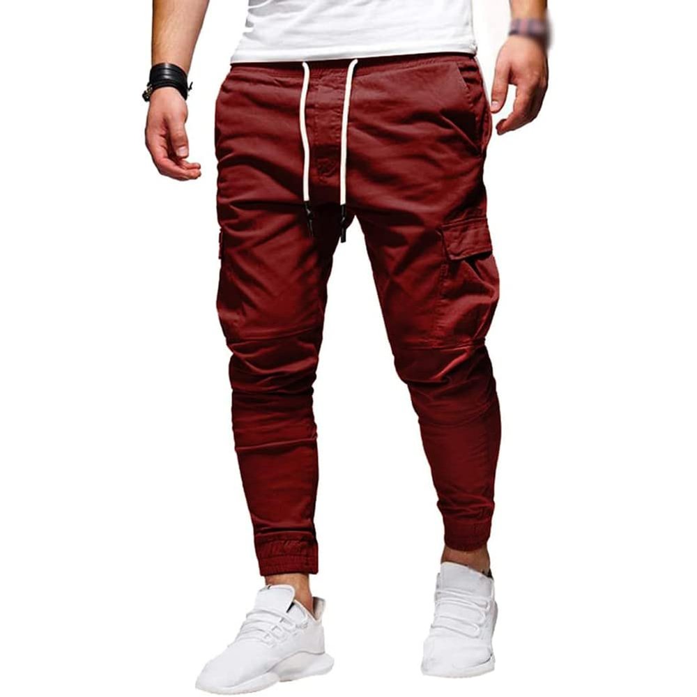 Men Joggers Chino Pants Drawstring Sports Athletic Workout Fitness Track Cargo Tapered Jogging Trousers (L, 8815-Red)