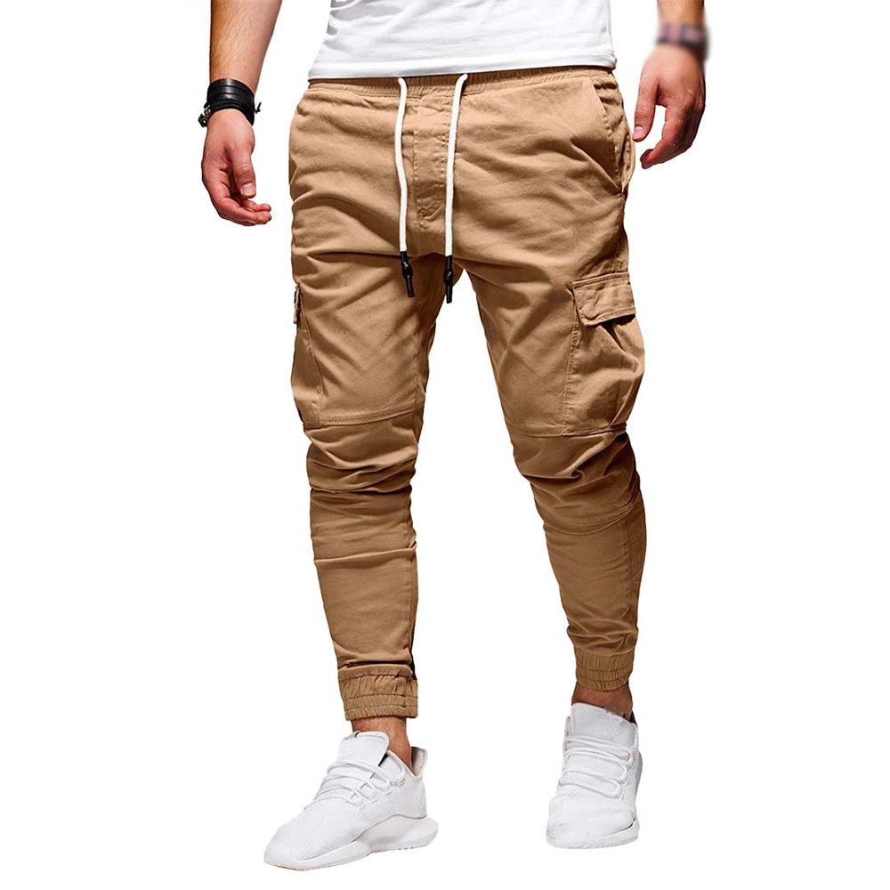 Men Joggers Chino Pants Drawstring Sports Athletic Workout Fitness Track Cargo Tapered Jogging Trousers (M, 8815-Khaki)