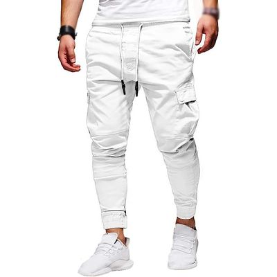 Men Joggers Chino Pants Drawstring Sports Athletic Workout Fitness Track Cargo Tapered Jogging Trousers (XS, 8815-White)
