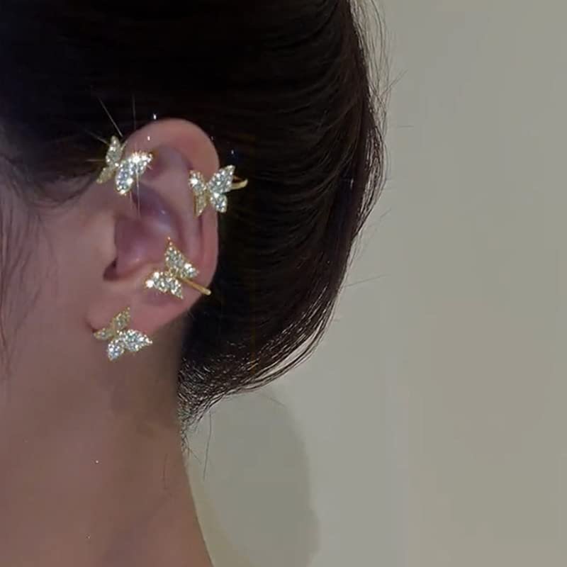 SMDSAZ Gold Plated Metal Ear Bone Clip for Women Sweet Exquisite Sparkling Crystal Butterfly Ear Cuff Clip Earring Wedding Jewelry (Metal Color : Gold-Color)