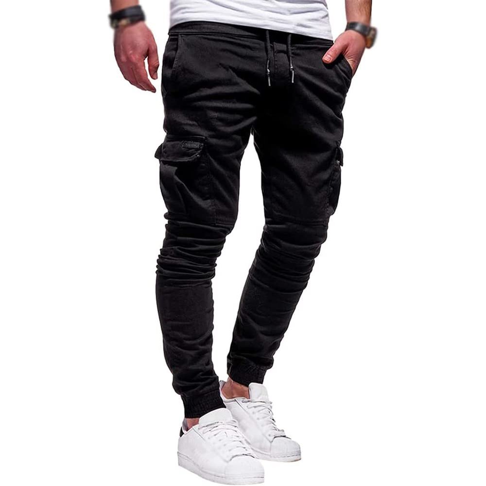 Men Joggers Chino Pants Drawstring Sports Athletic Workout Fitness Track Cargo Tapered Jogging Trousers (M, 8815-Black)