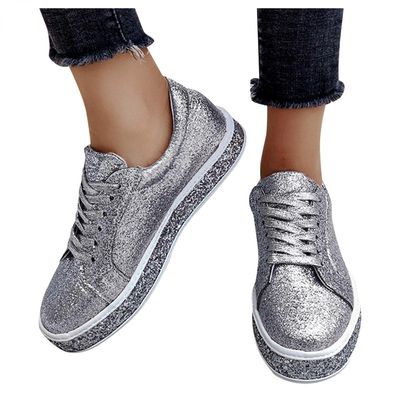 Bcshiye Loafer Shoes for Women Shinny Glitter Sneakers Lace up Walking Sneakers Fashion Sequin Slip-On Flat Sneakers
