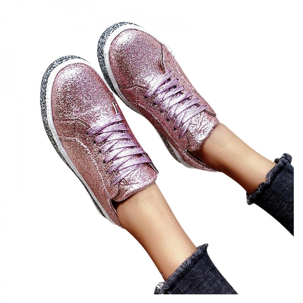 Bcshiye Loafer Shoes for Women Shinny Glitter Sneakers Lace up Walking Sneakers Fashion Sequin Slip-On Flat Sneakers