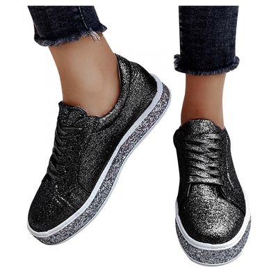 Bcshiye Loafer Shoes for Women Shinny Glitter Sneakers Lace up Walking Sneakers Fashion Sequin Slip-On Flat Sneakers