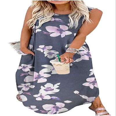 CHUNTIANRAN Women's Maxi Dress Summer Casual Sundress Sleeveless Long Dresses Hawaiian Beach Maxi Dresses with Pockets(Flower Grey,Large)