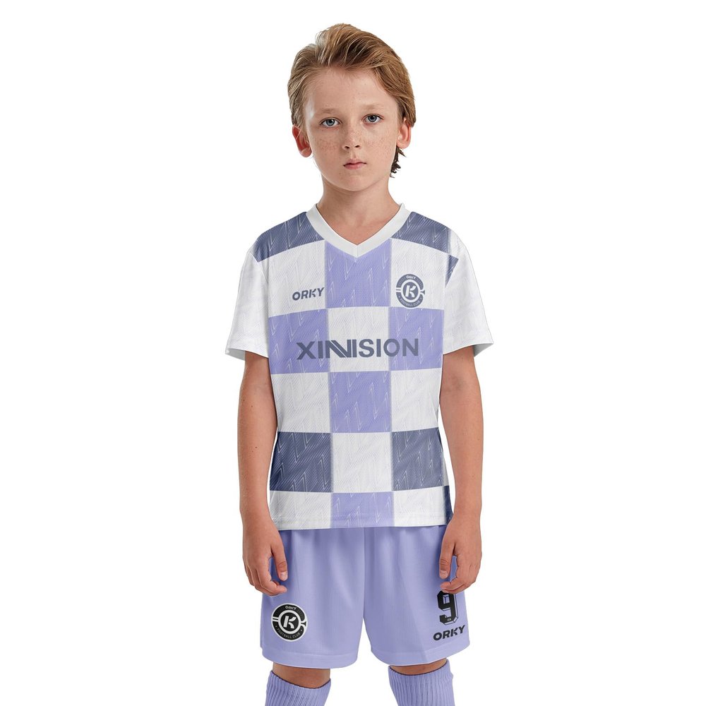 ORKY Custom Soccer Uniform, Men Fast Drying Short Sleeve Football Shirt, Kids Customzie Design Match Jersey Grid(Light Purple 110cm)
