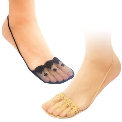 Daisy and Bella 4 Pairs Breathable Lace No Show Socks, Toe Topper Half Socks, Low Cut Liner Slingback Sock. (Lace 2 Black + 2 Nude)