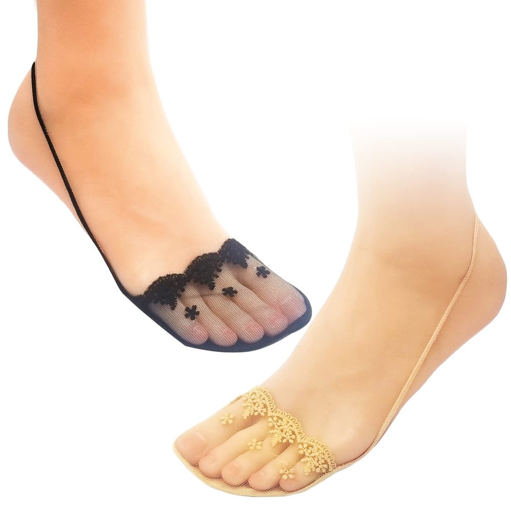 Daisy and Bella 4 Pairs Breathable Lace No Show Socks, Toe Topper Half Socks, Low Cut Liner Slingback Sock. (Lace 2 Black + 2 Nude)