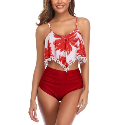 QWENTMTNTY Two Piece Tankini Swimsuits for Women Ruffles High Waisted Bikini Set Flounce Pom Pom Full Coverage Bathing Suit Red