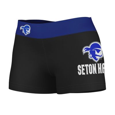 Vive La Fete Seton Hall University Pirates Women's Workout Soft Yoga Shorts with Logo on Thigh & Waistband Black