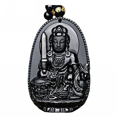 100% Natural Black Obsidian Natal Buddha guan yin bodhisattva Necklace Lucky Amulet Blessing Pendant Bead Chain (Bodhisattva manjusri)