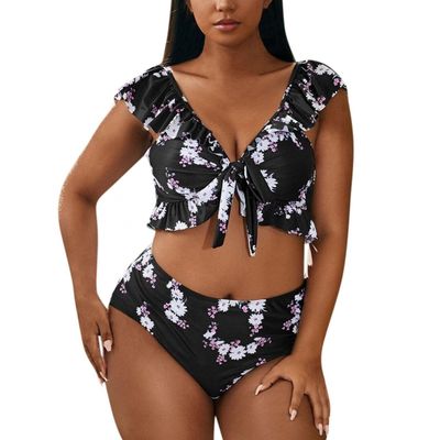 QWENTMTNTY Womens Two Piece Swimwear Plus Size V Neck Ruffle Swimsuit High Waisted Lace Up Off The Shoulder Bathing Suits Black