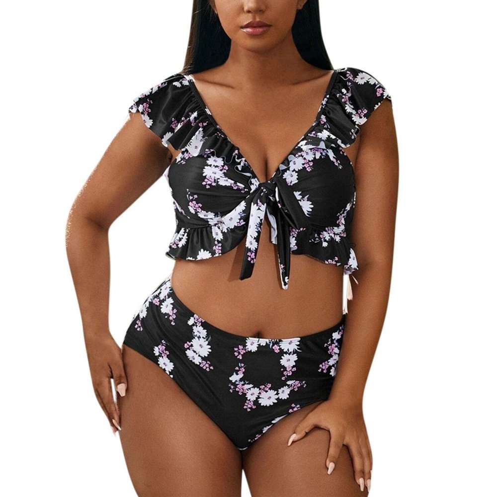 QWENTMTNTY Womens Two Piece Swimwear Plus Size V Neck Ruffle Swimsuit High Waisted Lace Up Off The Shoulder Bathing Suits Black