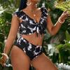QWENTMTNTY Womens Two Piece Swimwear Plus Size V Neck Ruffle Swimsuit High Waisted Lace Up Off The Shoulder Bathing Suits Black view 2