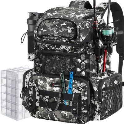 Piscifun Fishing Tackle Backpack with Rod Holders & 4 Tackle Boxes, Outdoor Fishing Bag with Waterproof Rain Cover Camouflage