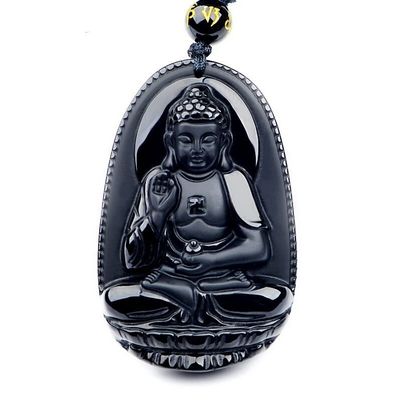 100% Natural Black Obsidian Natal Buddha guan yin bodhisattva Necklace Lucky Amulet Blessing Pendant Bead Chain (Amitabha)