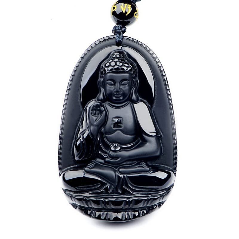 100% Natural Black Obsidian Natal Buddha guan yin bodhisattva Necklace Lucky Amulet Blessing Pendant Bead Chain (Amitabha)
