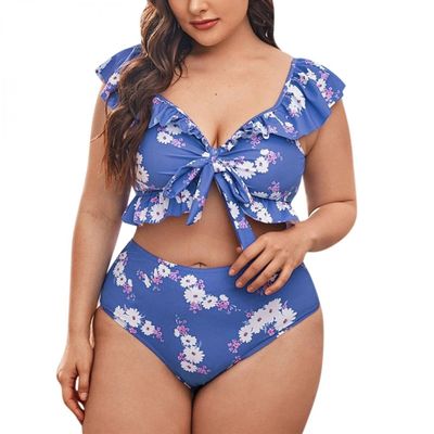 QWENTMTNTY Womens Two Piece Swimwear Plus Size V Neck Ruffle Swimsuit High Waisted Lace Up Off The Shoulder Bathing Suits Blue