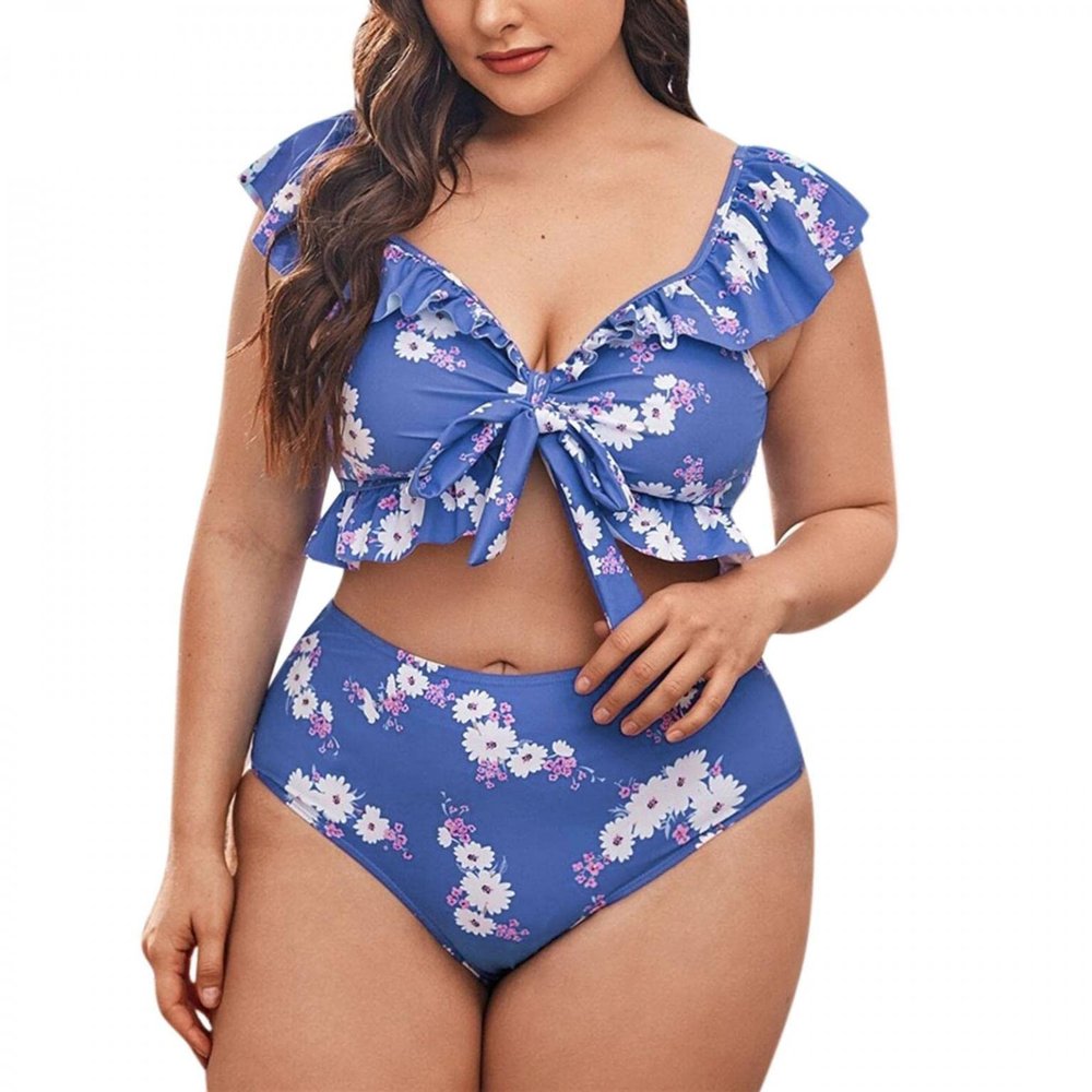 QWENTMTNTY Womens Two Piece Swimwear Plus Size V Neck Ruffle Swimsuit High Waisted Lace Up Off The Shoulder Bathing Suits Blue