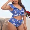 QWENTMTNTY Womens Two Piece Swimwear Plus Size V Neck Ruffle Swimsuit High Waisted Lace Up Off The Shoulder Bathing Suits Blue view 2