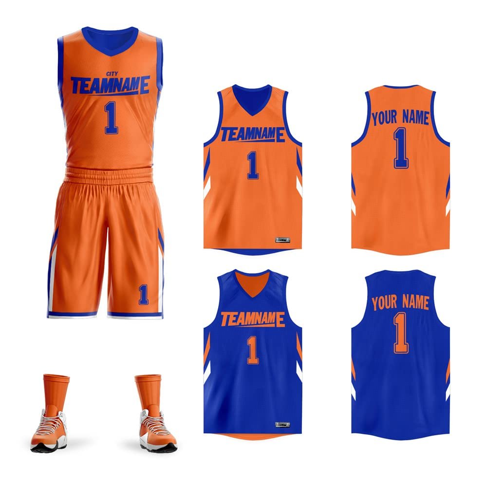 Custom Men Youth Reversible Basketball Jersey Uniform Printed Personalized Name Number Sportswear Big Size Orange&blue-36