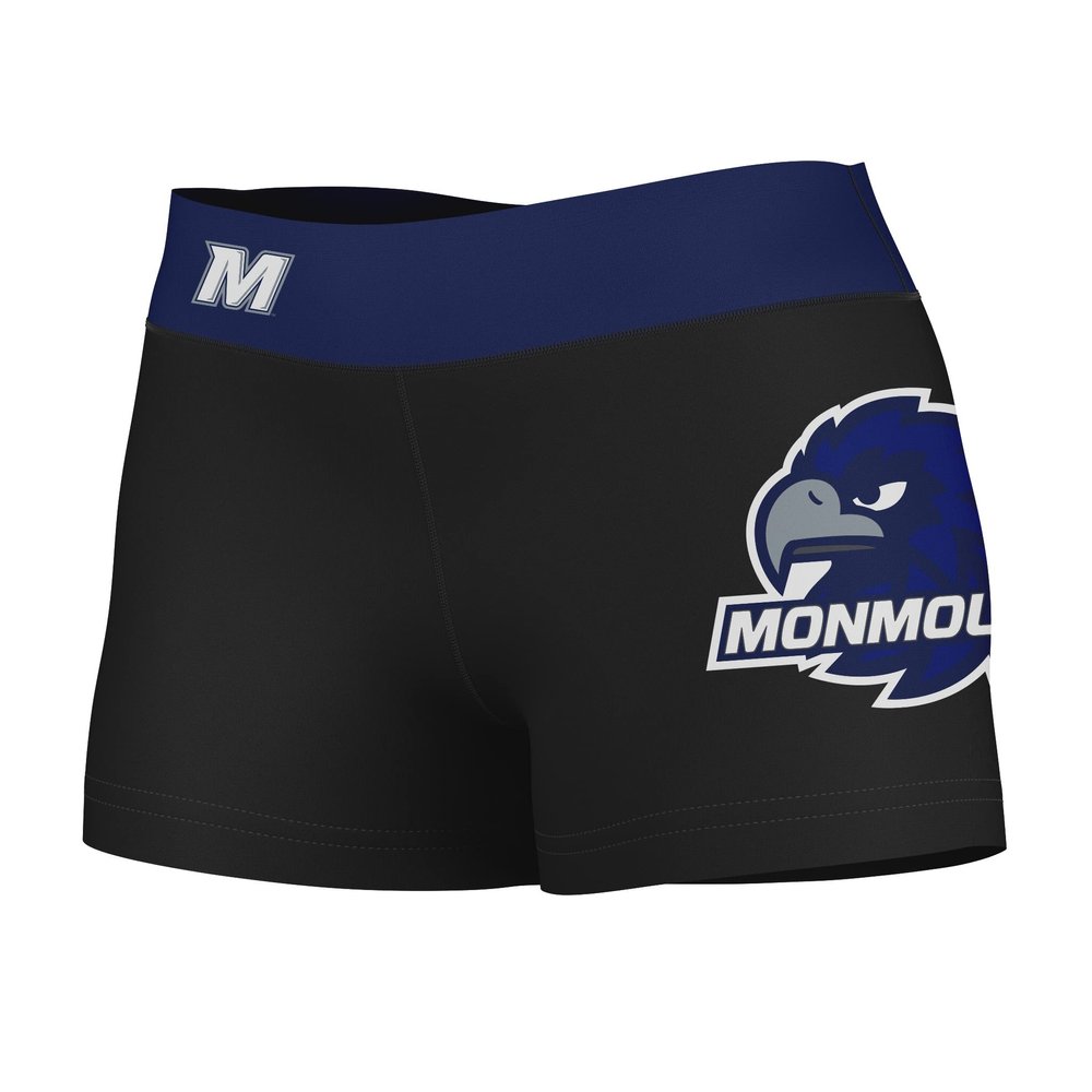 Vive La Fete Monmouth Hawks Women's Workout Soft Yoga Shorts with Logo on Thigh & Waistband Black