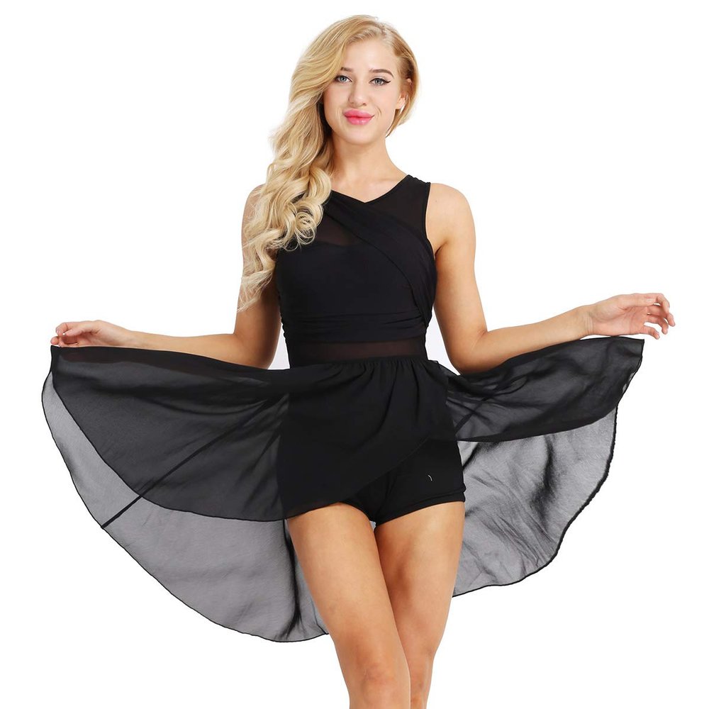 ACSUSS Women's Lyrical Dance Dress Illusion V-Neck Chiffon Asymmetric Skirted Leotard Modern Contemporary Dresses Black XX-Large