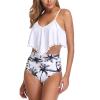 QWENTMTNTY Two Piece Tankini Swimsuits for Women Ruffles High Waisted Bikini Set Flounce Pom Pom Full Coverage Bathing Suit White view 1
