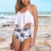 QWENTMTNTY Two Piece Tankini Swimsuits for Women Ruffles High Waisted Bikini Set Flounce Pom Pom Full Coverage Bathing Suit White view 2