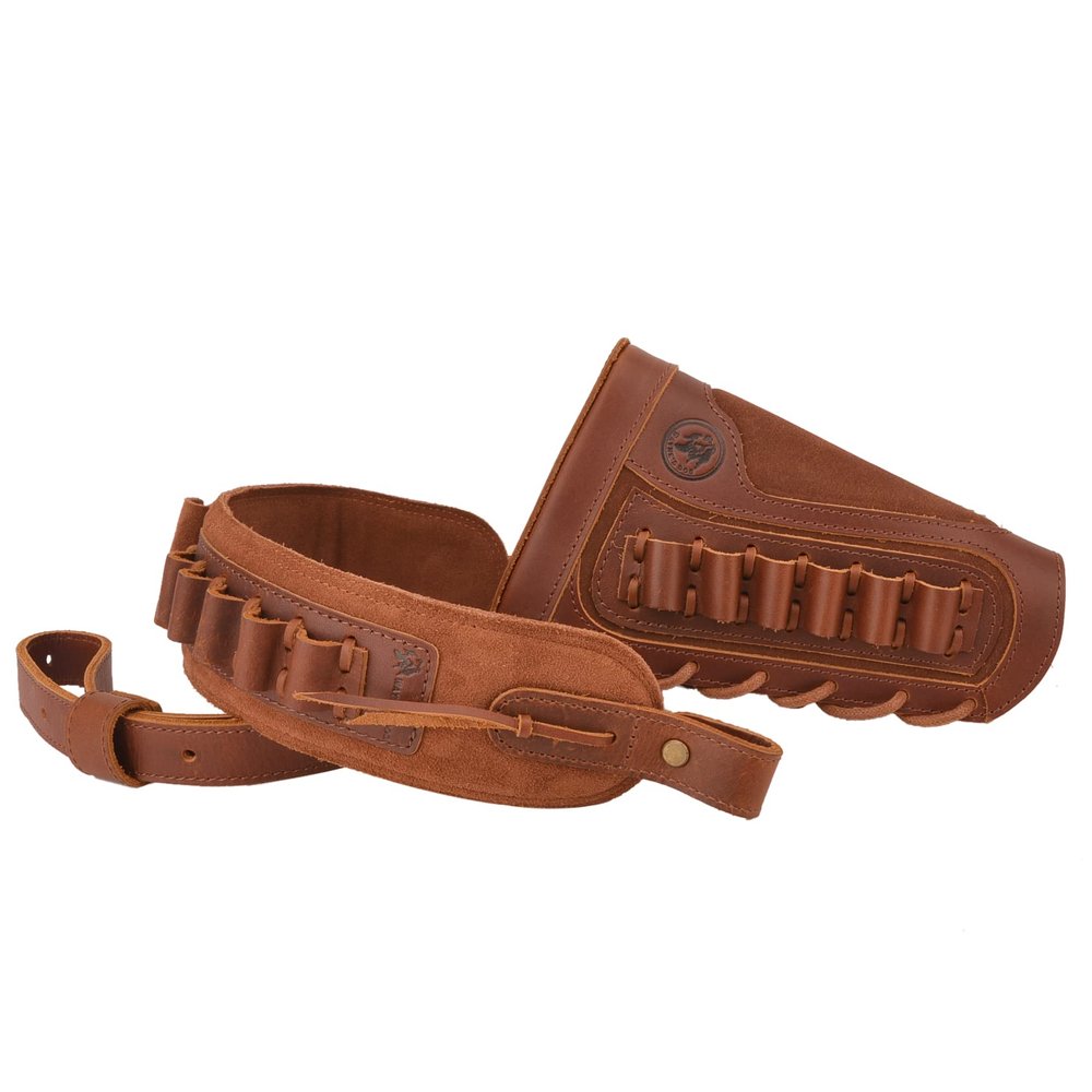 1 Set of Gun Buttstock Cheek Rest Pad with Shell Holder Sling for 308 30-06 .44MAG (Full Leather - Brown)