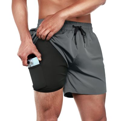 BRISIRA Mens Swim Trunks Swim Shorts Quick Dry 5 inch Inseam Beach Shorts with Compression Liner and Zipper Pocket Grey