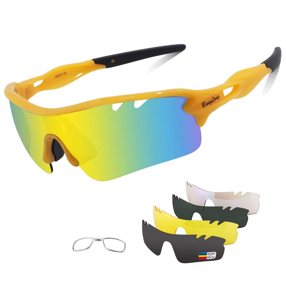 BangLong Polarized Sunglasses for Men & Women, 5 Interchangeable Lenses with UV 400 Protection Lightweight Sports Sun Glasses for Cycling Running Biking Fishing, Yellow