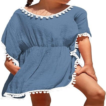 Eurivicy Girl's Swim Cover Up Kids Summer Swimwear Beach Dress Swimsuit Wraps with Pom Pom Trim