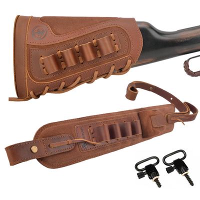 Leather Canvas Shotgun Shell Holder and 8 Round Gun Cartridge Holder Sling for 12 Gauge (Brown - Full Leather)