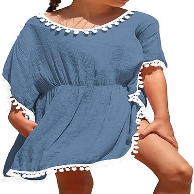 Eurivicy Girl's Swim Cover Up Kids Summer Swimwear Beach Dress Swimsuit Wraps with Pom Pom Trim