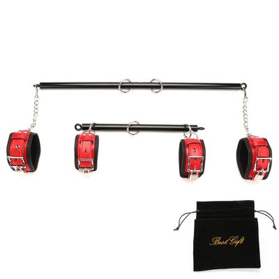 Expandable 2 Spreader Bar Set with Bag and 4 Fur Leather Straps with Nylon Belts Adjustable Home Yoga Bar Kit (Black+Red)