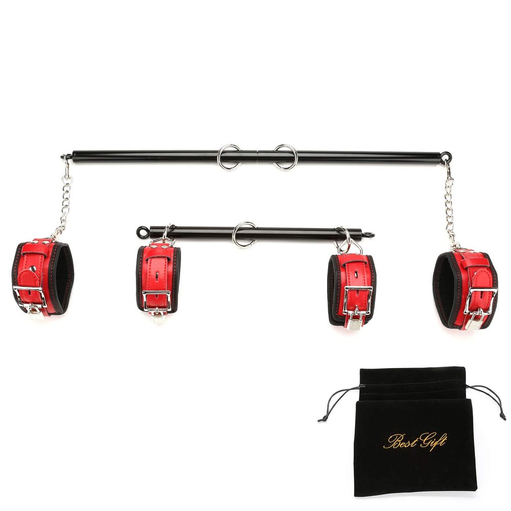 Expandable 2 Spreader Bar Set with Bag and 4 Fur Leather Straps with Nylon Belts Adjustable Home Yoga Bar Kit (Black+Red)