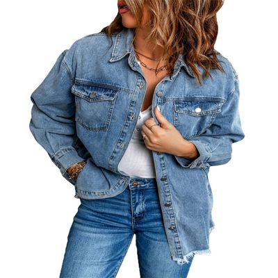 chouyatou Women's Distressed Oversize Frayed Hem Trucker Denim Jean Jacket Shirt Shacket (Small, Blue)