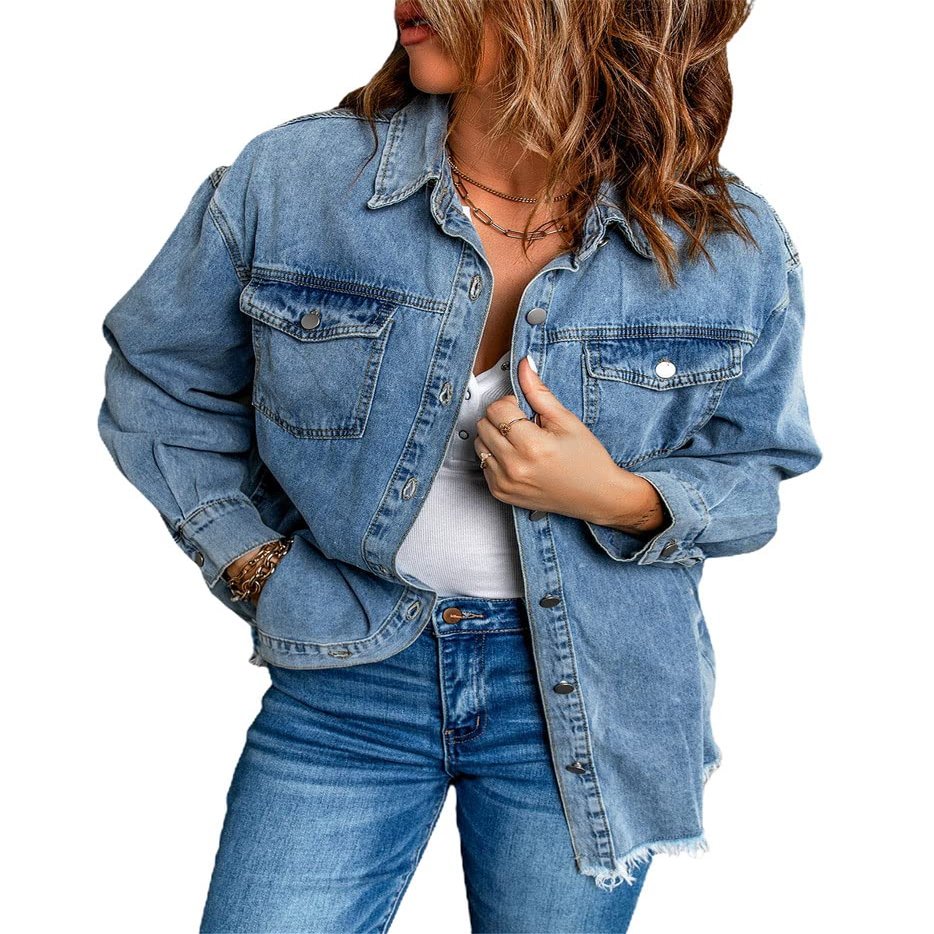 chouyatou Women's Distressed Oversize Frayed Hem Trucker Denim Jean Jacket Shirt Shacket (Small, Blue)