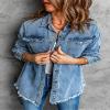 chouyatou Women's Distressed Oversize Frayed Hem Trucker Denim Jean Jacket Shirt Shacket (Small, Blue) view 3
