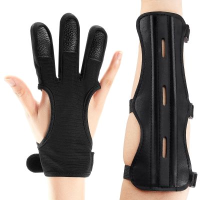 Sratte 2 Pcs Archery Arm Guard Glove Youth Kit Adjustable 3 Strap Archery Wrist Leather PU Bracer Bow Finger Tab 3 Finger Glove Arm Guard Protector for Archer Hunting Shooting Adult Youth Men Women