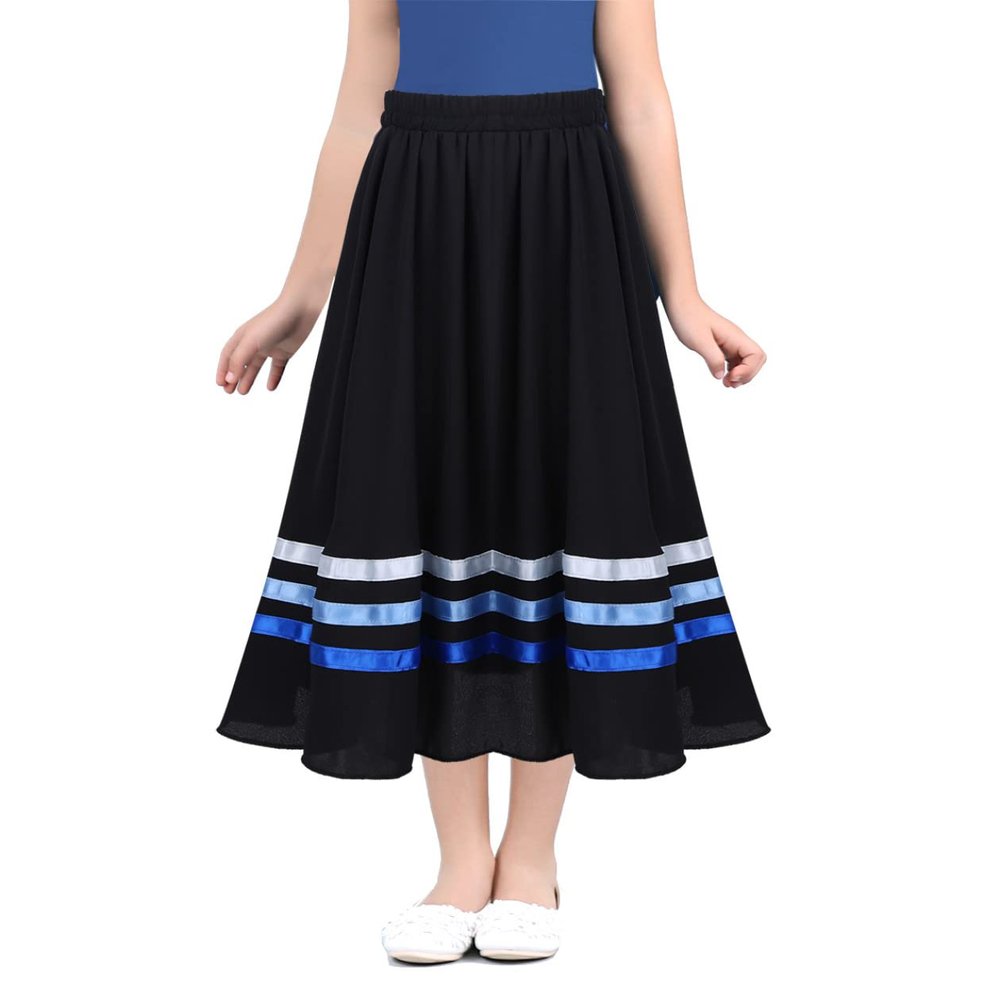 Huimingda Big Girls Chiffon Rad Character Skirts Pull-on Full Circular Ribbon Swing Skirt Ballet Dance Wear Black&Blue 6 Years