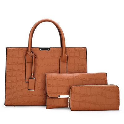 Downupdown Tote Solid Crocodile Print 3-Piece Tote Bag Long Wallet Clutch Top Handle Bag Tote Briefcase-Brown