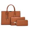 Downupdown Tote Solid Crocodile Print 3-Piece Tote Bag Long Wallet Clutch Top Handle Bag Tote Briefcase-Brown view 1