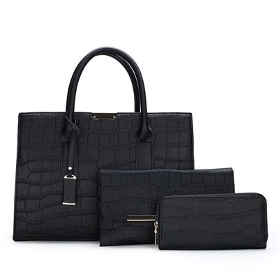 Downupdown Tote Solid Crocodile Print 3-Piece Tote Bag Long Wallet Clutch Top Handle Bag Tote Briefcase-Black