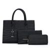 Downupdown Tote Solid Crocodile Print 3-Piece Tote Bag Long Wallet Clutch Top Handle Bag Tote Briefcase-Black