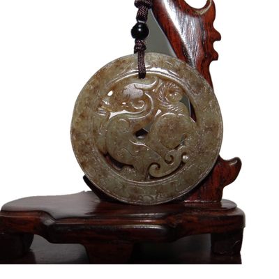 1.9" China Certified Nature Hetian Nephrite Sugar Jade Auspicious Ancient Dragon Double Carved Necklace Pendant 4806