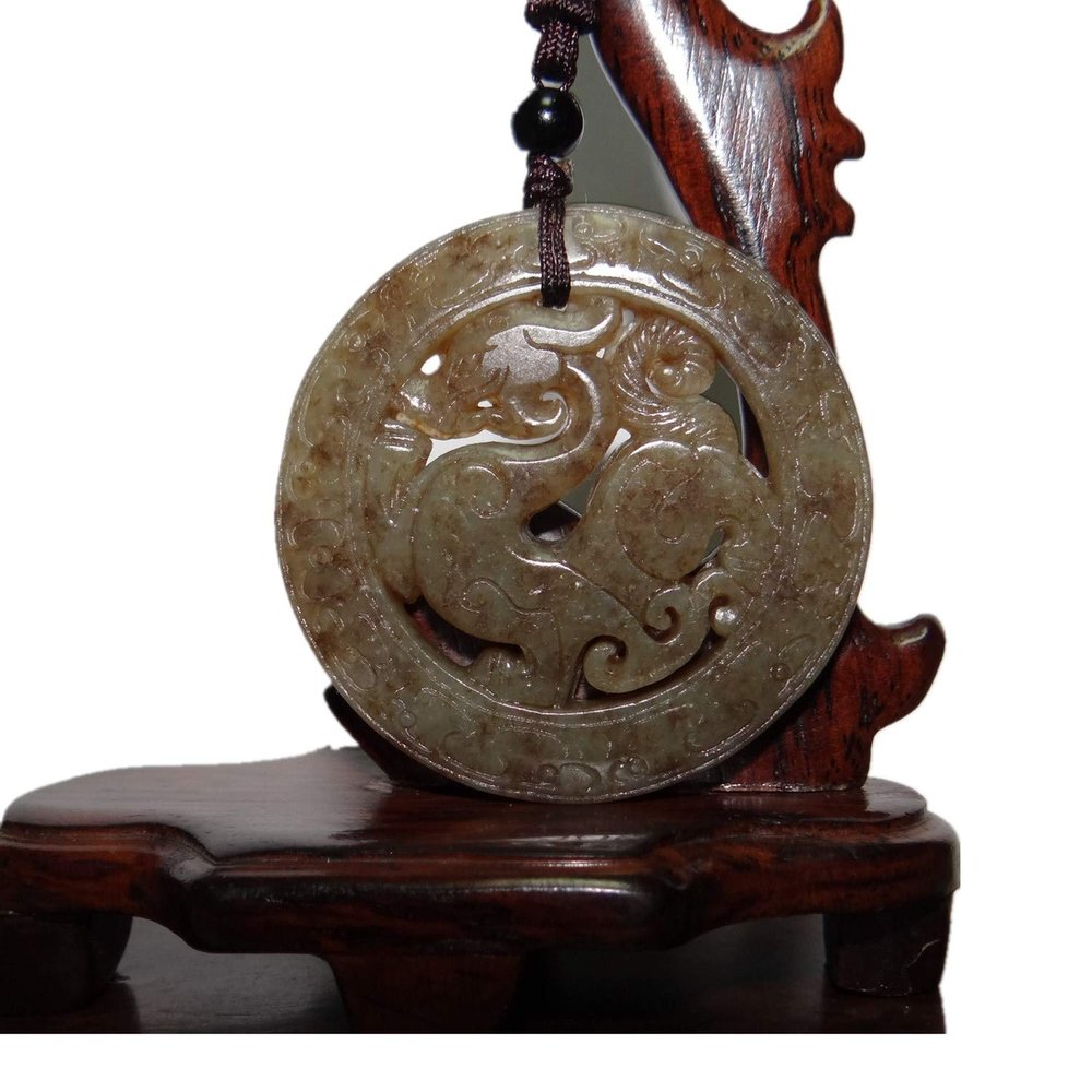 1.9" China Certified Nature Hetian Nephrite Sugar Jade Auspicious Ancient Dragon Double Carved Necklace Pendant 4806